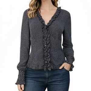 WISHLIST APPAREL Retro Navy Blue Polka Dot Ruffle Button Down Smock Poet Blouse